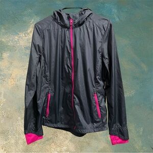 Danskin Now Black Hooded Lightweight Wind Rain Utility Jacket with Pink Accents